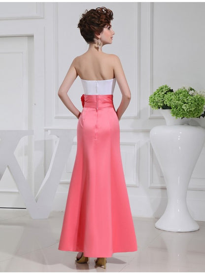 A-Line/Princess Hand-made Flower Sleeveless Satin Long Bridesmaid Dresses