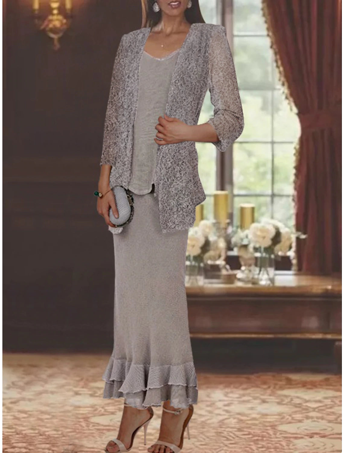 Two Piece Mermaid / Trumpet Mother of the Bride Dress Formal Wedding Guest Elegant Casual V Neck Ankle Length Lace Linen Cotton Blend Sleeveless Jacket Dresses with Ruffles Appliques