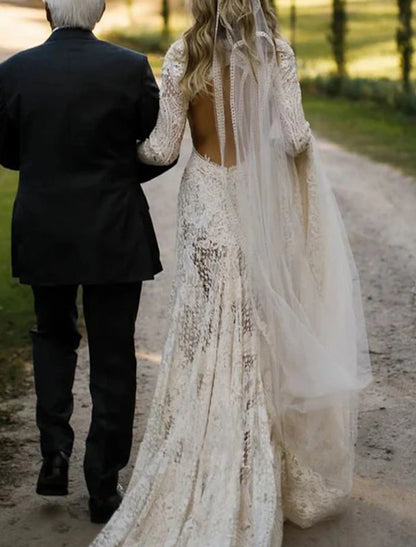 Beach Open Back Boho Wedding Dresses Sheath / Column High Neck Long Sleeve Court Train Lace Bridal Gowns With Appliques Solid Color