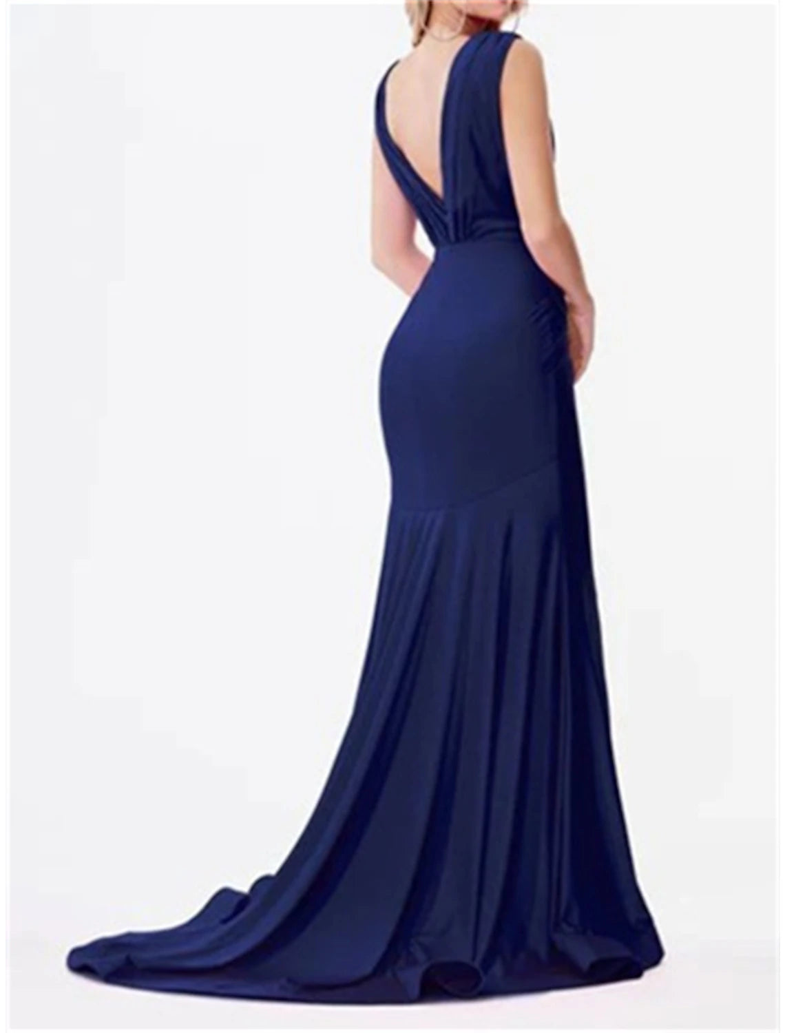 Vestido de dama de honor estilo sirena/trompeta, escote en V, manga larga, elegante, cola de corte, de gasa con fruncido/color liso