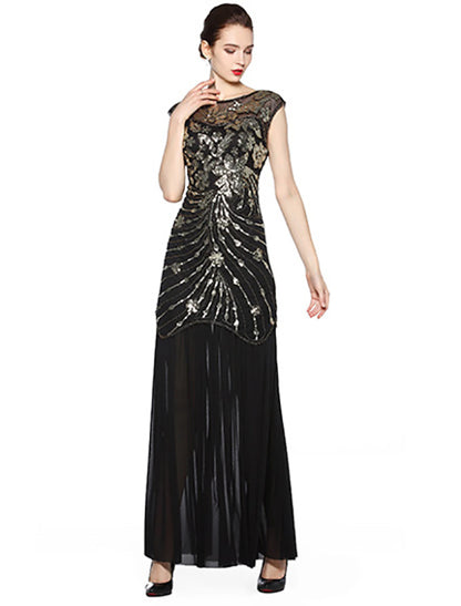 Vestido de noche estilo A, estilo vintage, para fiestas, largo hasta el suelo, sin mangas, cuello joya, licra, espalda en V con bordado de lentejuelas