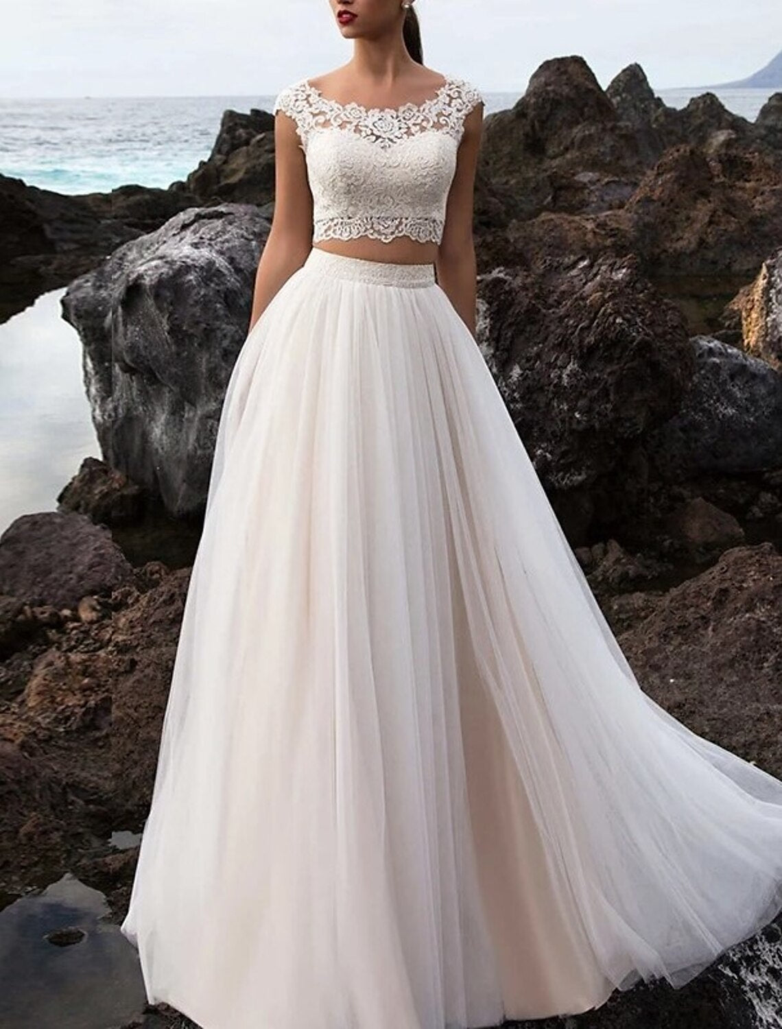 Hall Casual Wedding Dresses Separates Illusion Neck Cap Sleeve Separat – Amzcw Dress