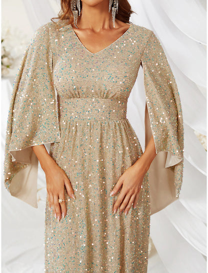 Vestido de noche de corte A con brillo y flecos, formal, con cola larga, cuello en V, capas de poliéster con lentejuelas