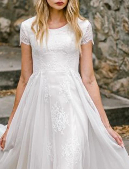 Vestidos de novia de playa, corte tubo, escote redondo, manga corta, largo hasta el suelo, de gasa, con pliegues