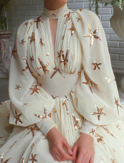 Vestido de fiesta de graduación de corte A, talla grande, para invitados de boda, de compromiso, con cola larga y cuello alto, de gasa con pliegues y abertura con lentejuelas.