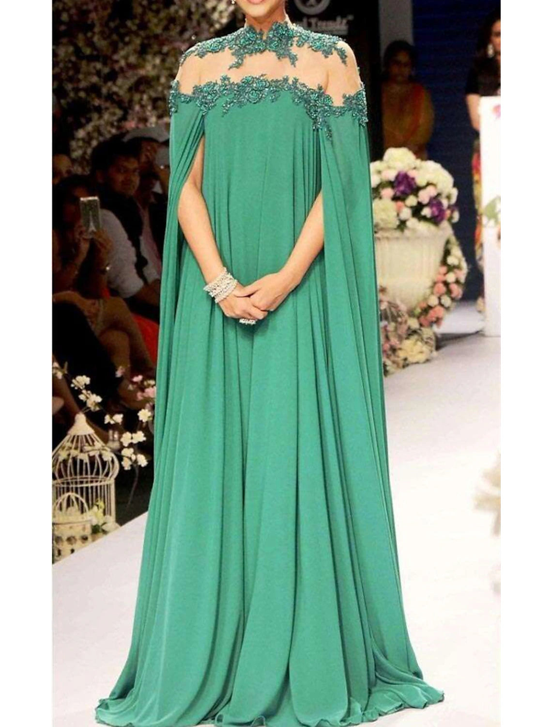 Vestido de noche elegante de corte A, vestido formal para invitados a bodas, vestido navideño rojo y verde, largo hasta el suelo, sin mangas, cuello alto, para invitados a bodas de otoño, de gasa con apliques, color puro