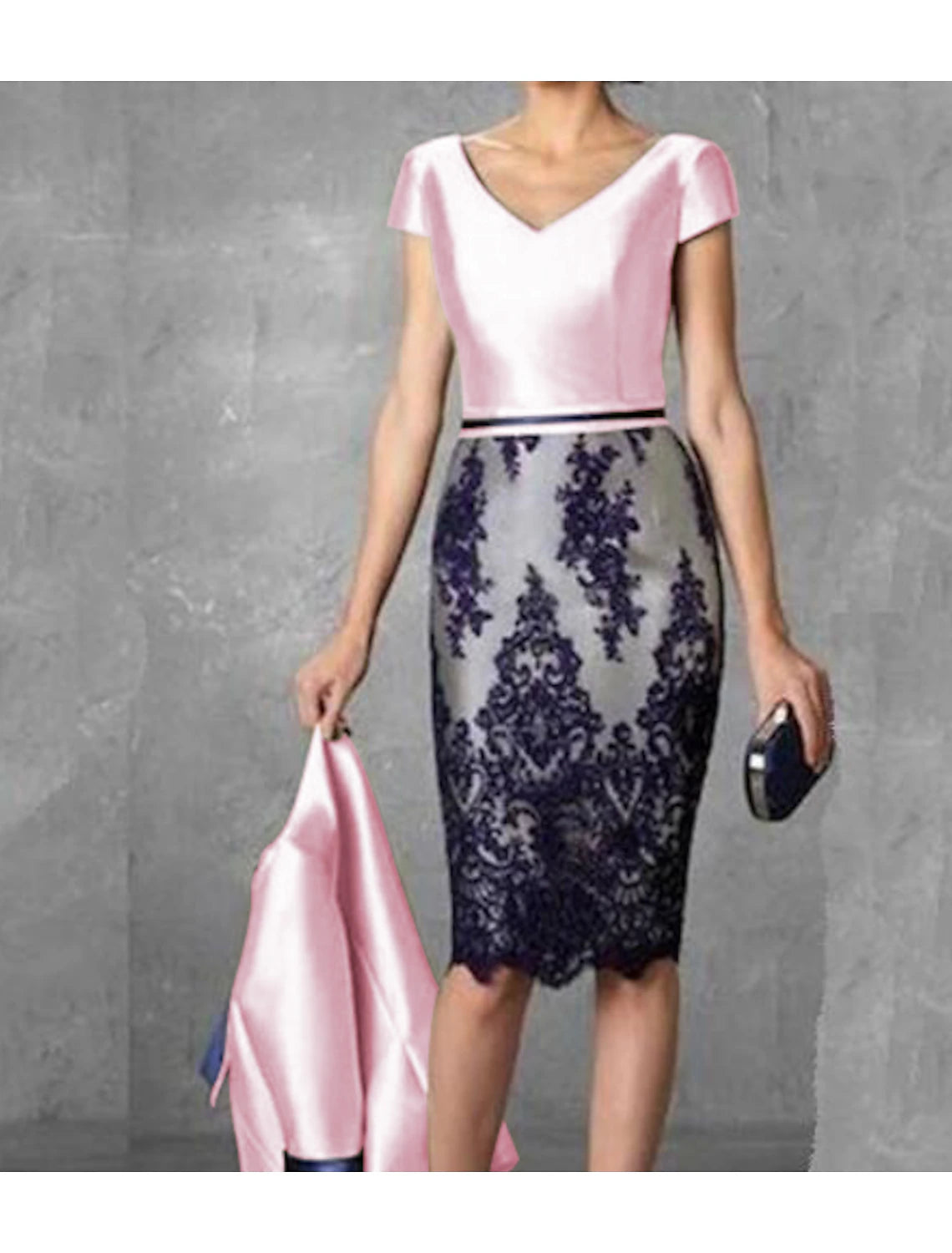 Two Piece Sheath / Column Mother of the Bride Dress Fall Wedding Guest Dresses Church Plus Size Vintage V Neck Knee Length Satin Lace 3/4 Length Sleeve Jacket Dresses with Color Block
