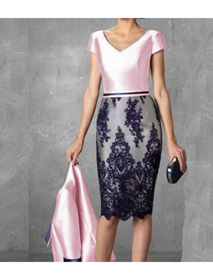 Two Piece Sheath / Column Mother of the Bride Dress Fall Wedding Guest Dresses Church Plus Size Vintage V Neck Knee Length Satin Lace 3/4 Length Sleeve Jacket Dresses with Color Block