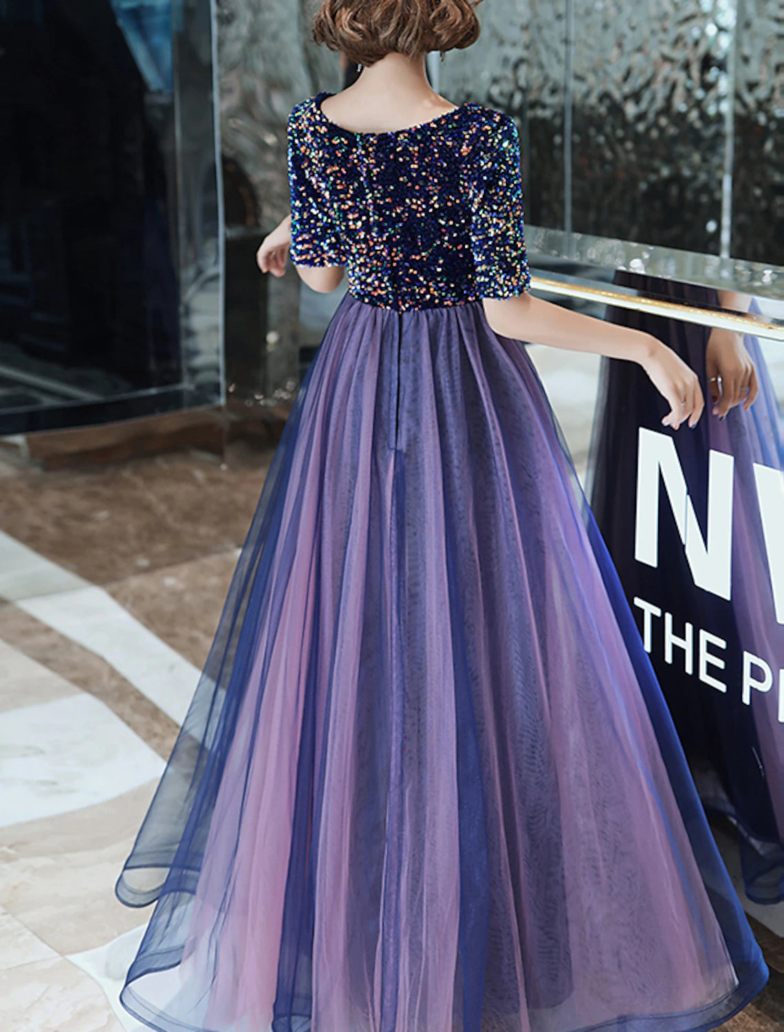 A-Line Evening Gown Sparkle Dress Wedding Guest Formal Evening Floor Length Half Sleeve Jewel Neck Tulle with Sequin