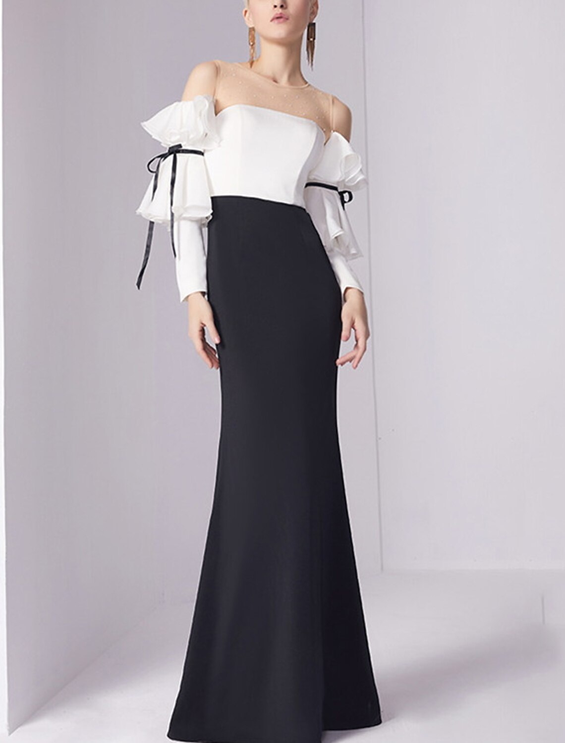 Vestido de noche estilo sirena/trompeta, minimalista, para invitados de boda, de compromiso, largo hasta el suelo, mangas 3/4, cuello joya, tejido elástico con pliegues y volantes.