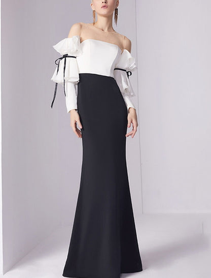 Vestido de noche estilo sirena/trompeta, minimalista, para invitados de boda, de compromiso, largo hasta el suelo, mangas 3/4, cuello joya, tejido elástico con pliegues y volantes.