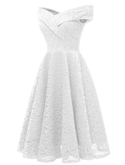 A-Line WE Party Dress Wedding Guest Holiday Knee Length Short Sleeve Off Shoulder Bridesmaid Dress Lace with Pleats Lace Insert