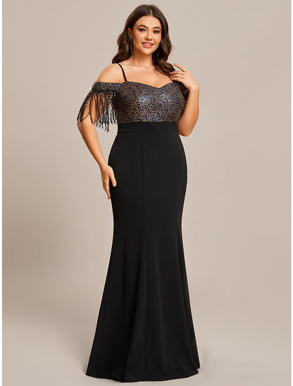 Mermaid / Trumpet Wedding Guest Dresses Minimalist Dress Formal Floor Length Short Sleeve Off Shoulder Stretch Fabric with Fringe Tassel