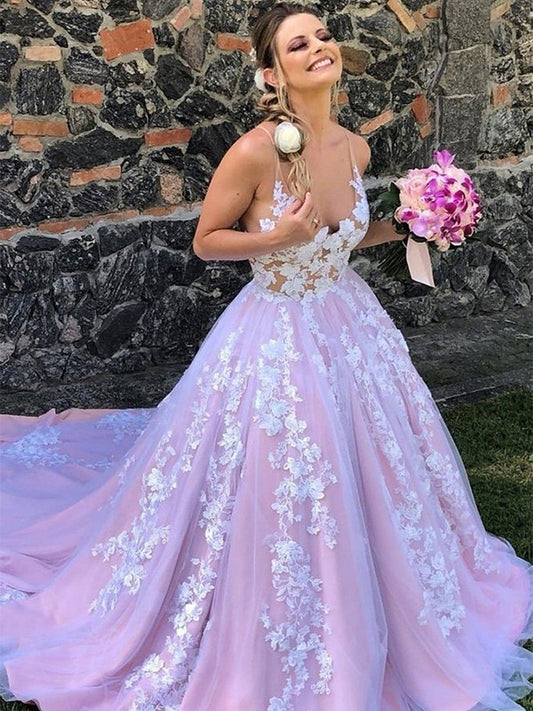 Vestidos de fiesta con apliques de encaje, escote en V, sin mangas y cola larga