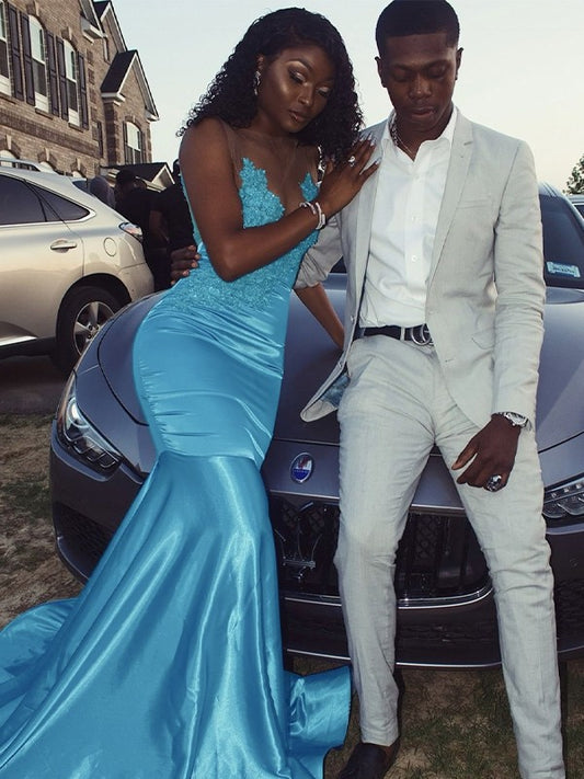 Vestidos de corte trompeta/sirena con apliques de satén tipo seda, escote redondo, sin mangas y cola larga