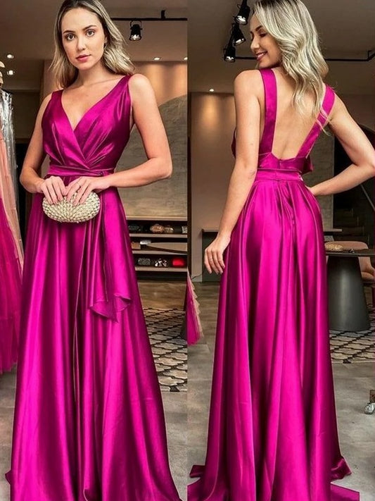 Vestidos de corte A/princesa de satén elástico con volantes, escote en V, sin mangas y cola larga