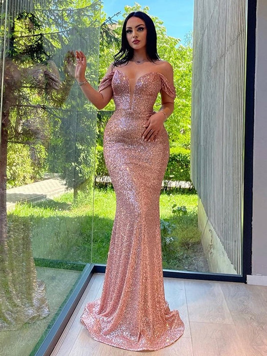 Vestidos de fiesta con lentejuelas, hombros descubiertos, sin mangas y cola larga
