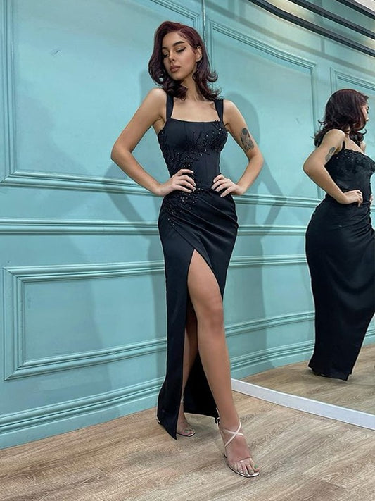 Vestidos tubo/columna de satén con lentejuelas, tirantes, sin mangas y hasta el suelo