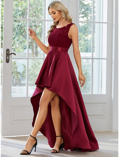 A-Line Wedding Guest Dresses Casual Dress Party Wear Asymmetrical Sleeveless Jewel Neck Satin with Pure Color