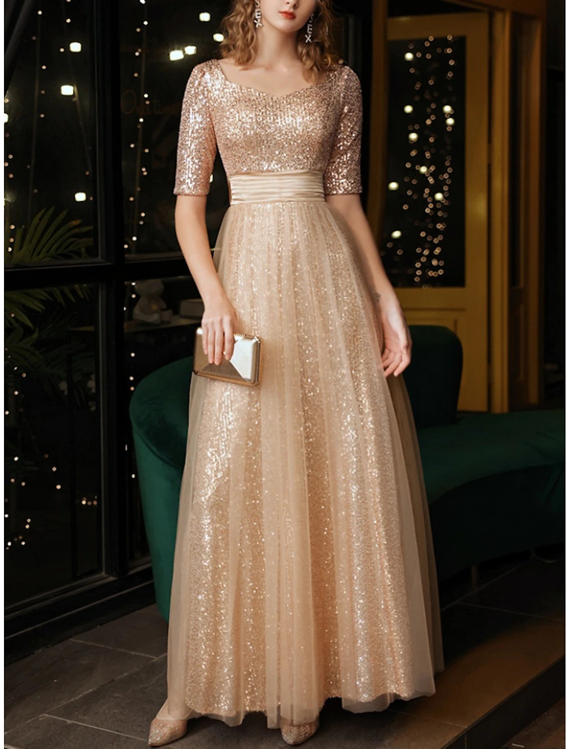 Suknie balowe w kształcie litery A Elegancka sukienka Formalna długość do kostek Świąteczna sukienka w kolorze czerwono-zielonym Krótki rękaw Kwadratowy dekolt Z cekinami i brokatem Plisy Marszczona