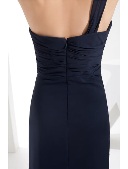 Vestido de noche de corte tubo/columna, minimalista, para invitada de boda, largo hasta el suelo, sin mangas, un hombro, de gasa con fruncido.