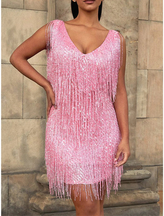 Women‘s Sequin Dress Fringe Dress Pink Sequin Dress Party Dress Sparkly Dress Black Dress Homecoming Mini Dress Silver Black White Sleeveless Sparkly Glitter Winter V Neck Fashion