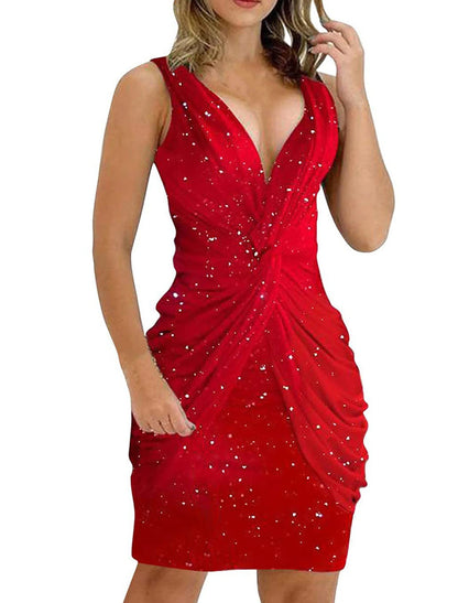 Women's Party Dress Homecoming Dress Cocktail Dress Mini Dress Black Red Sleeveless Pure Color Ruched Summer Spring Fall Deep V Fashion Summer Dress