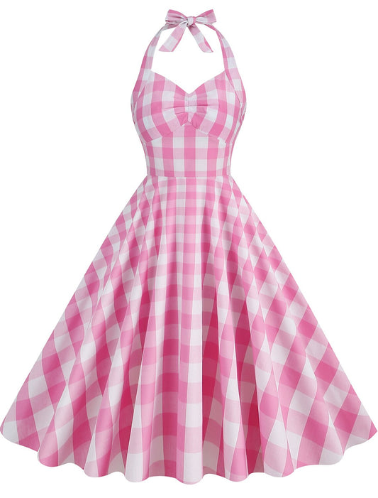 A-Line Party Dresses 1950s Dress Wedding Guest Holiday Knee Length Sleeveless Halter Neck pink hobbies Dresses Cotton with Bow(s) Pleats