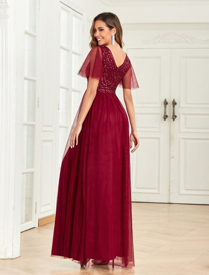 A-Line Party Dresses Empire Dress Party Wear Floor Length Short Sleeve V Neck Tulle V Back with Glitter Sequin