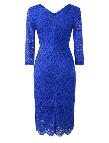 Sheath / Column Cocktail Dresses Vintage Dress Party Wear Knee Length 3/4 Length Sleeve V Neck Fall Wedding Guest Lace with Lace Insert