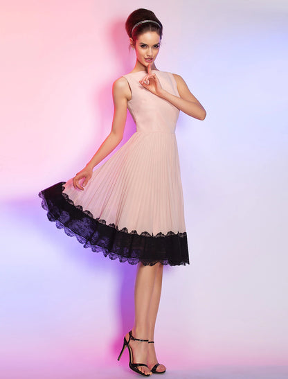 A-Line Cute Dress Homecoming Knee Length Sleeveless Boat Neck Pink Dress Chiffon with Lace Insert