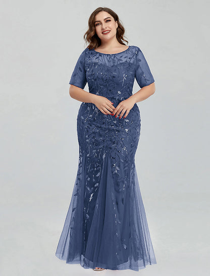 Mermaid / Trumpet Evening Gown Empire Dress Wedding Guest Floor Length Short Sleeve Jewel Neck Bridesmaid Dress Tulle with Embroidery