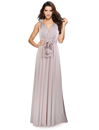 A-Line Convertible Holiday Prom Birthday Dress Halter Neck Backless Crisscross Back V Back Sleeveless Floor Length Stretch Satin with Sash / Ribbon Pleats