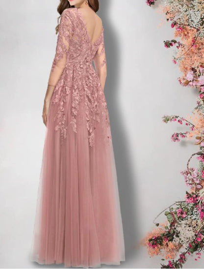 A-Line Mother of the Bride Dress Elegant V Neck Floor Length Lace Tulle Half Sleeve with Appliques