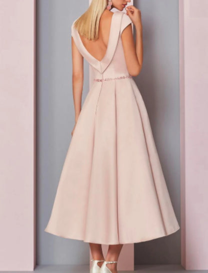 Vestido de madre de la novia de corte A para invitada de boda, talla grande, cuello vuelto, largo hasta los tobillos, satén, manga corta con cristales