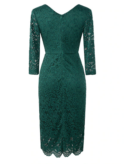Sheath / Column Cocktail Dresses Vintage Dress Party Wear Knee Length 3/4 Length Sleeve V Neck Fall Wedding Guest Lace with Lace Insert