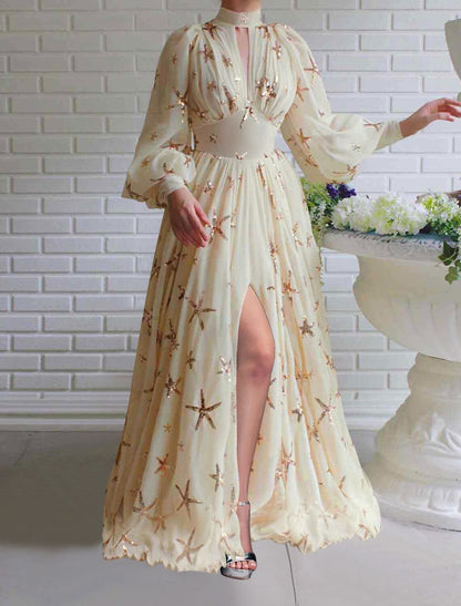 Vestido de fiesta de graduación de corte A, talla grande, para invitados de boda, de compromiso, con cola larga y cuello alto, de gasa con pliegues y abertura con lentejuelas.