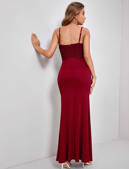 Sheath / Column Evening Gown Vintage Dress Party Wear Ankle Length Sleeveless Spaghetti Strap Nylon with Slit Lace Insert Pure Color