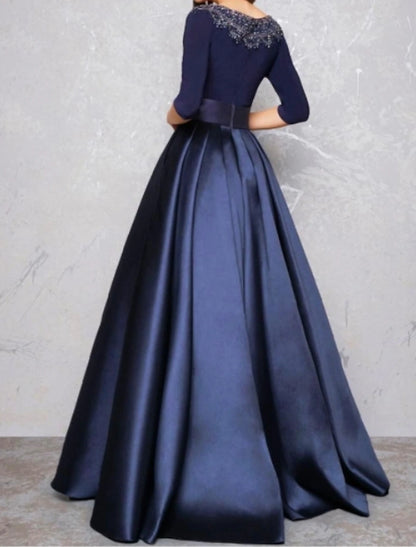 Vestido de noche minimalista, vestido de quinceañera, vestido formal de noche, largo hasta el suelo, media manga, cuello ilusión, para invitados de boda de otoño, satén con pliegues y encaje.