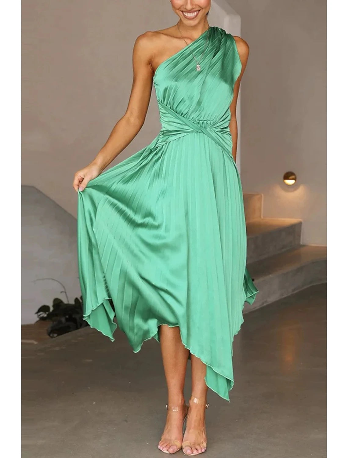 Vestidos de invitada de boda de corte A, vestido de corsé, vestido de fiesta, fiesta de bodas, largo hasta la rodilla, sin mangas, un hombro, poliéster con fruncido