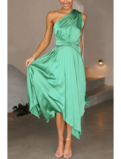 Vestidos de invitada de boda de corte A, vestido de corsé, vestido de fiesta, fiesta de bodas, largo hasta la rodilla, sin mangas, un hombro, poliéster con fruncido