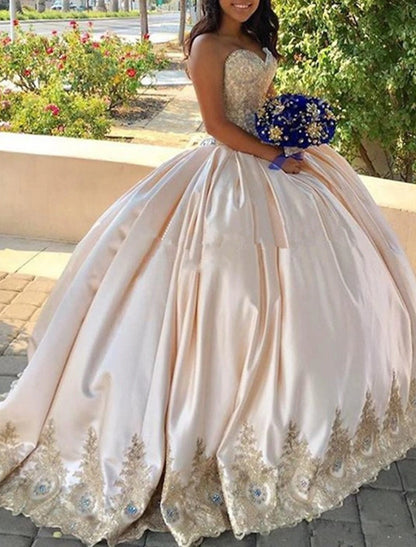Ball Gown Quinceanera Dresses Princess Dress Formal Wedding Court Train Sleeveless Strapless Satin with Appliques