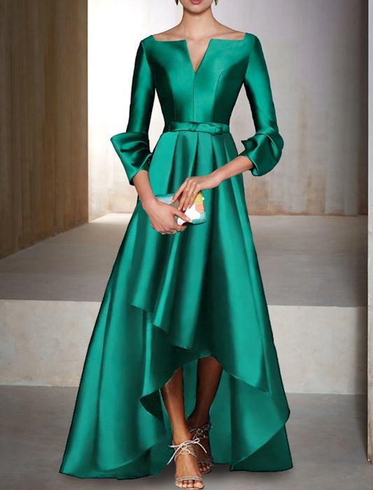 Vestido de noche elegante de corte A, vestido navideño rojo y verde, vestido formal para invitada de boda, largo hasta el suelo, manga 3/4, escote en V, satén con lazo(s).