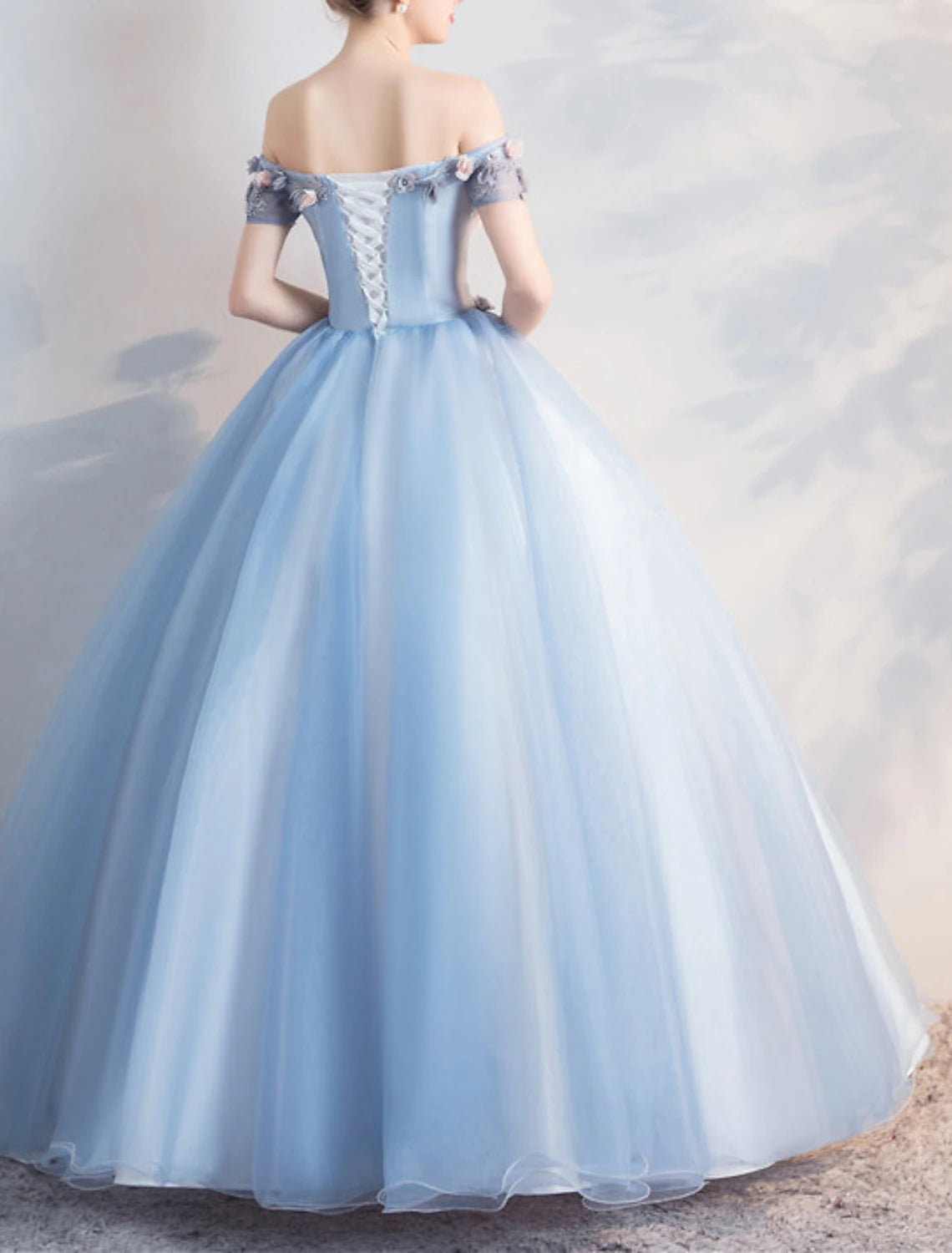 Ball Gown Floral Puffy Quinceanera Prom Dress Off Shoulder Short Sleeve Floor Length Polyester with Appliques Pure Color