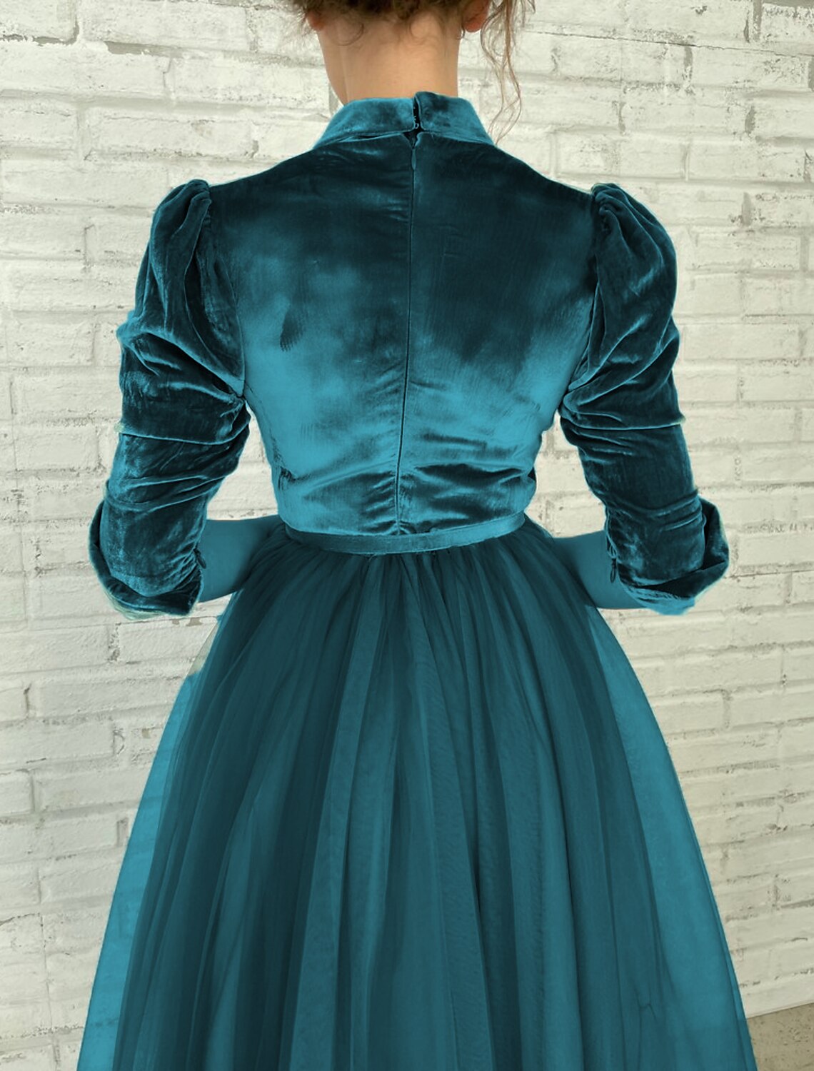 Vestido de cóctel elegante, vestido de fiesta, quinceañera, largo hasta los tobillos, media manga, cuello en V, tul con faja/cinta, botones empalmados