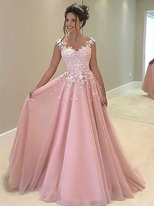 Vestidos de tul con apliques, sin mangas, corte princesa/escote en forma de corazón, hasta el suelo