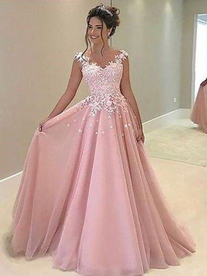 Vestidos de tul con apliques, sin mangas, corte princesa/escote en forma de corazón, hasta el suelo