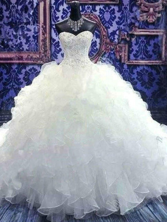 Ball Gown Sleeveless Sweetheart Chapel Train Beading Sequin Organza Wedding Dresses