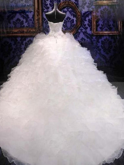 Ball Gown Sleeveless Sweetheart Chapel Train Beading Sequin Organza Wedding Dresses