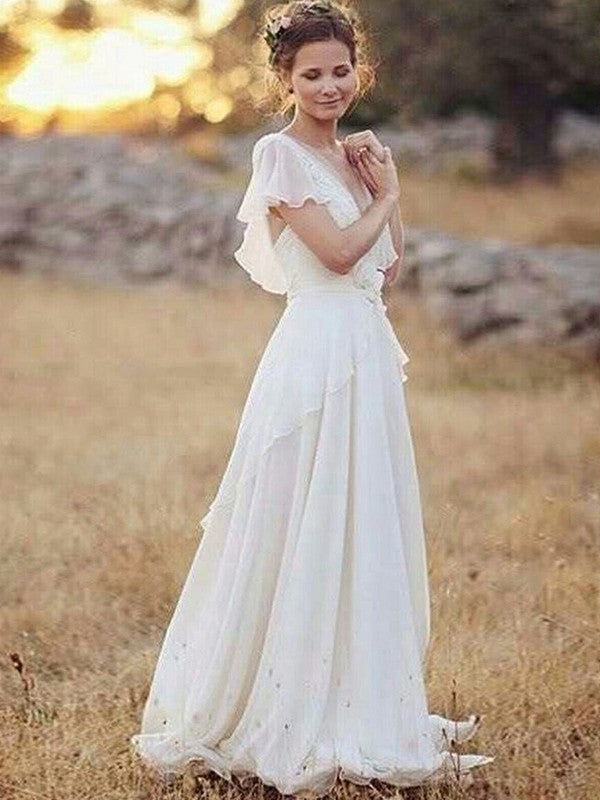 A-Line/Princess Chiffon V-neck Ruched Short Sleeves Floor-Length Weddi – Amzcw Dress